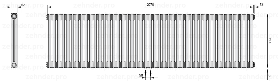 Схема (чертеж) Радиатор Zehnder Charleston 2110/45 №5410 Белый глянцевый RAL 9016